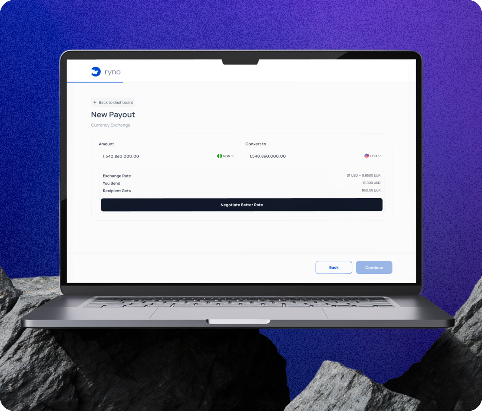 Ryno fiat and stablecoin on/off ramp dashboard on laptop