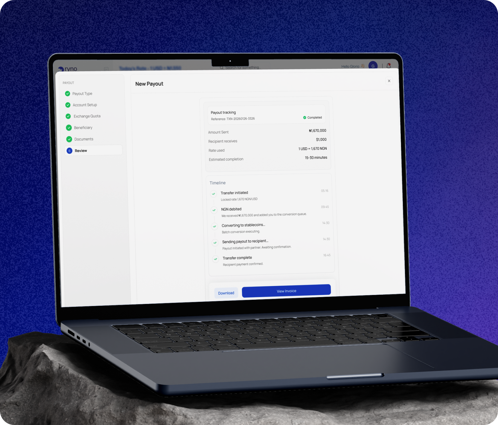 Ryno global payout dashboard on laptop