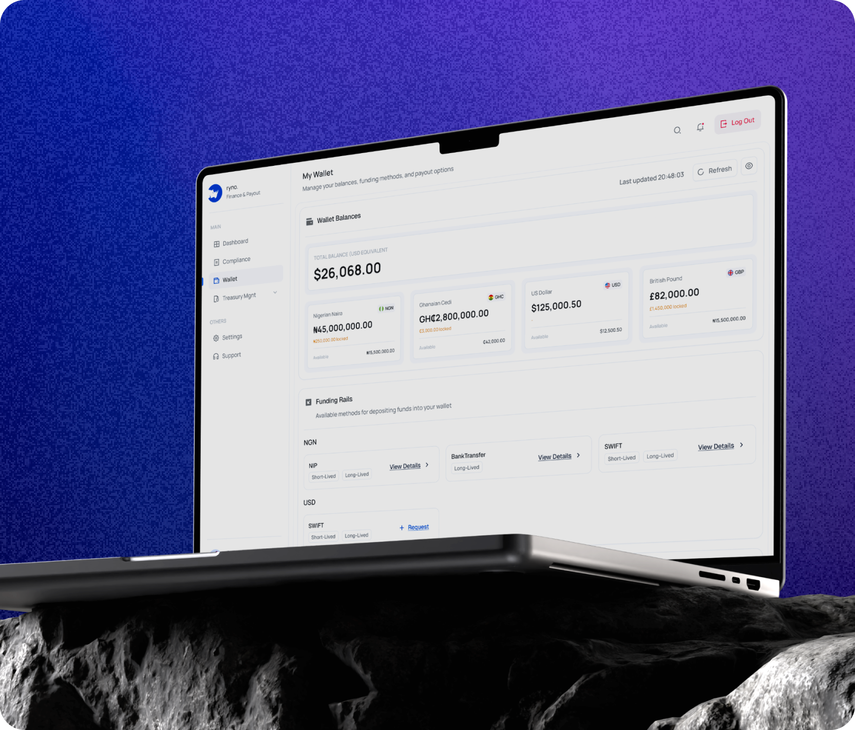 Ryno multi-currency wallet dashboard on laptop